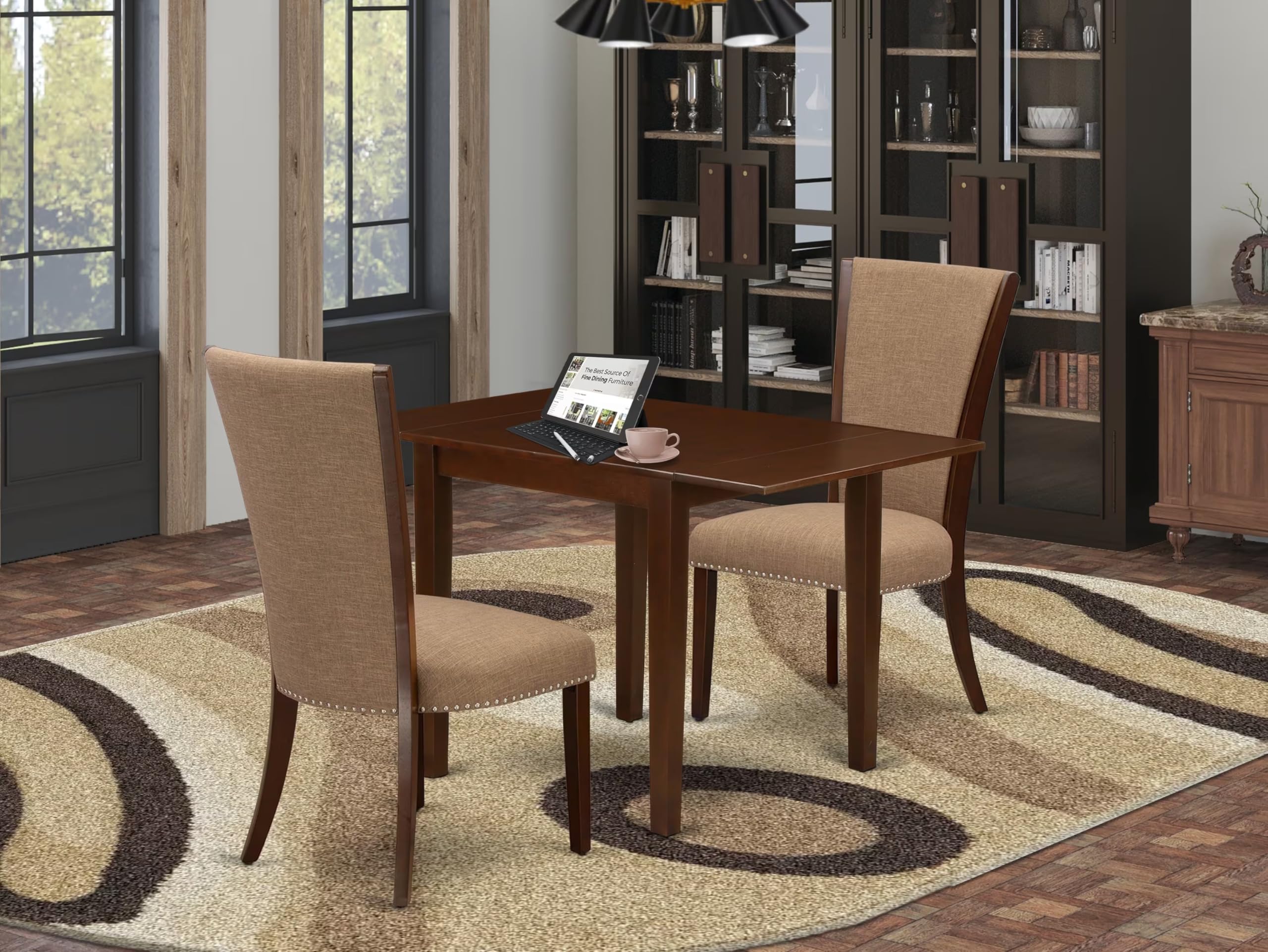East West Furniture Ndve3-Mah-47 3 Piece Modern Dining Table Set Contains A Rectangle Wooden Table With Dropleaf And 2 Light Sable Linen Fabric Upholstered Chairs, 30X48 Inch, Mahogany